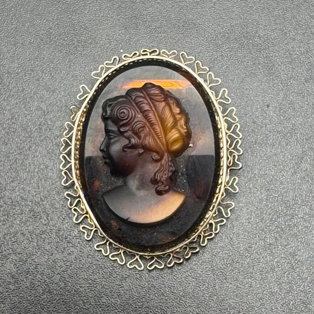 Vintage Tortoise Shell Cameo Brass-Tone Frame Brooch Pin Jewelry